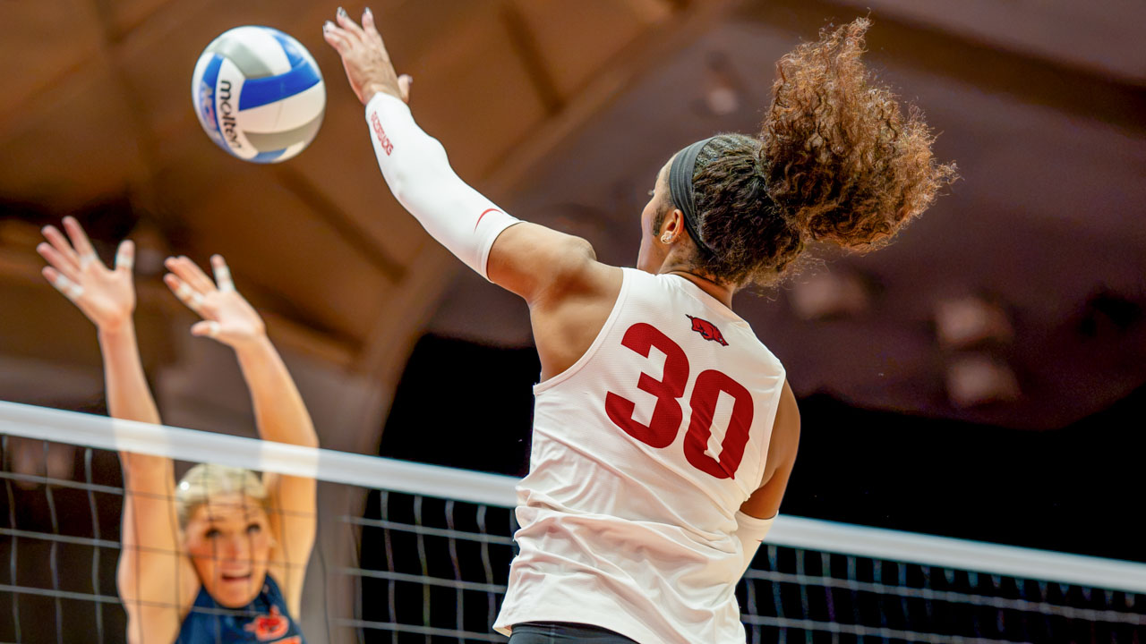 Arkansas Razorbacks Romani Thurman during match against the Auburn Tigers at Barnhill Arena