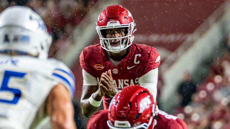 Arkansas Razorbacks quarterback KJ Jackson during game against the Tulsa Golden Hurricane at Razorback Stadium