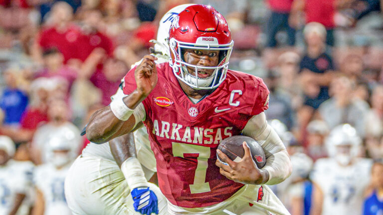 Arkansas Razorbacks quarterback KJ Jackson running against the Tulsa Golden Hurricane at Razorback Stadium