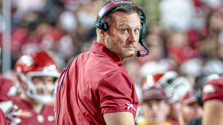 Arkansas Razorbacks coach Ryan Silverfield during game against the Tulsa Golden Hurricane at Razorback Stadium