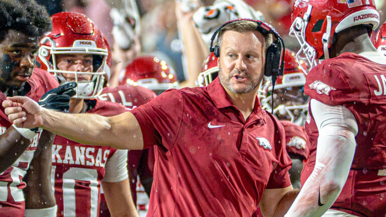Arkansas Razorbacks coach Ryan Silverfield during game against the Tulsa Golden Hurricane at Razorback Stadium