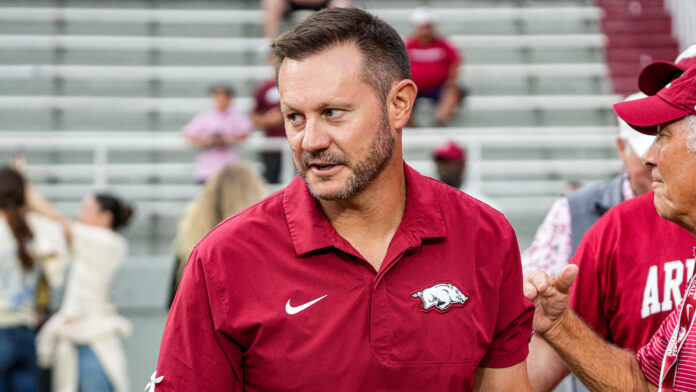 Arkansas Razorbacks coach Ryan Silverfield during warmups before game against the Tulsa Golden Hurricane at Razorback Stadium