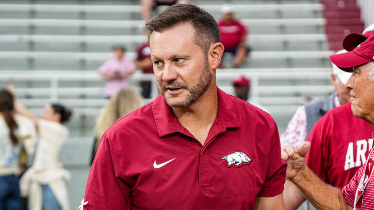 Arkansas Razorbacks coach Ryan Silverfield during warmups before game against the Tulsa Golden Hurricane at Razorback Stadium