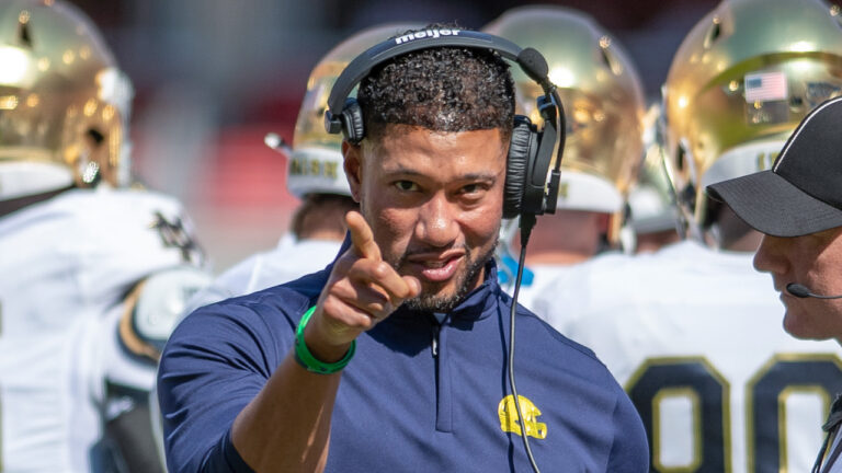 Notre Dame Fighting Irish coach Marcus Freeman during game against the Arkansas Razorbacks at Razorback Stadium in Fayetteville, Ark.