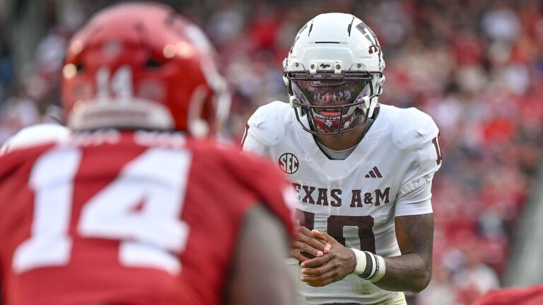 Texas A&M Aggies quarterback Marcel Reed waiting on snap in game against the Arkansas Razorbacks at Razorback Stadium