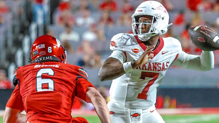 Arkansas Razorbacks quarterback KJ Jackson throwing a pass against the Utah Utes in a game at Salt Lake City, Utah