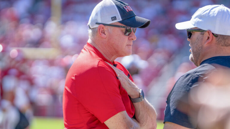 Arkansas Razorbacks athletic director Hunter Yurachek in pregame warmups before game against the Georgia Bulldogs at Razorback Stadium