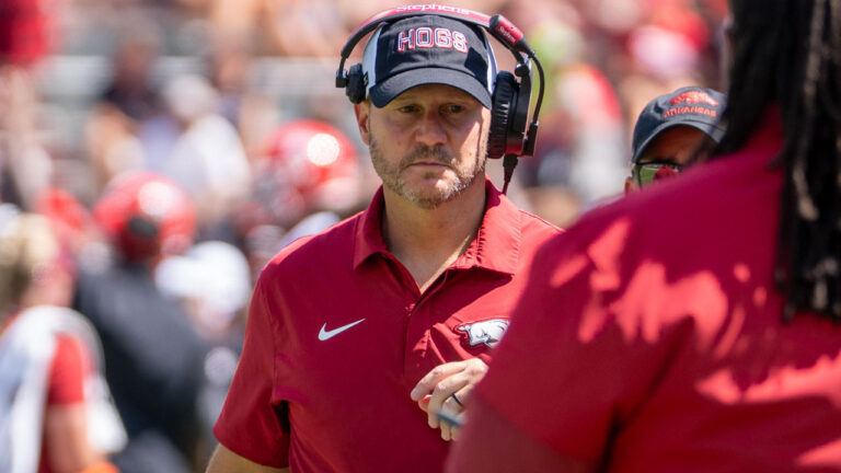 Arkansas Razorbacks coach Ryan Silverfield during game against the Tennessee Volunteers at Razorback Stadium