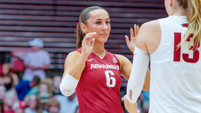 Arkansas Razorbacks Medi Benne during match against the Auburn Tigers at Barnhill Arena