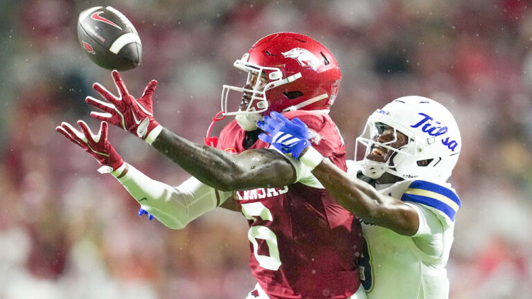 Arkansas Razorbacks wide receiver Chris Marshall makes a catch against the Tulsa Golden Hurricane at Razorback Stadium