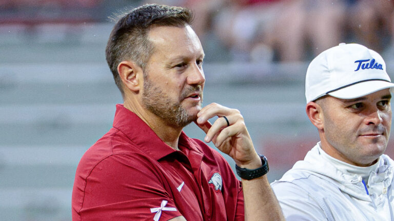 Arkansas Razorbacks coach Ryan Silverfield during pregame warmups before game against the Tulsa Golden Hurricane at Razorback Stadium