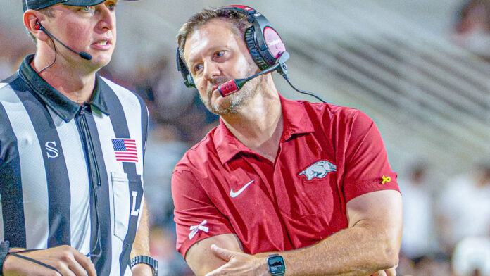 Arkansas Razorbacks coach Ryan Silverfield on the sidelines during game against the Tulsa Golden Hurricane at Razorback Stadium