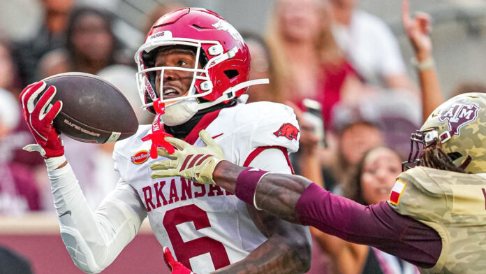 Arkansas Razorbacks wide receiver Chris Marshall makes a catch against the Texas A&M Aggies at Kyle Field