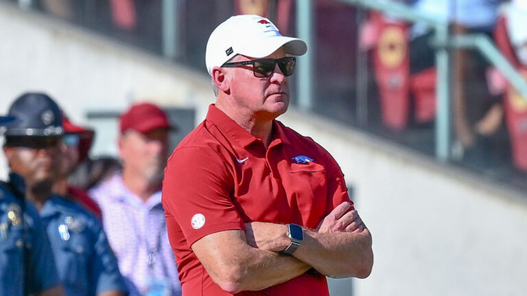 Arkansas Razorbacks athletic director Hunter Yurachek on the field during game against the Tennessee Volunteers at Razorback Stadium