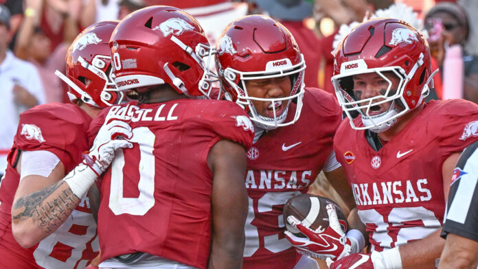 Arkansas Razorbacks tight end Jaden Platt celebrates a second-half touchdown with teammates against the Tennessee Volunteers at Razorback Stadium