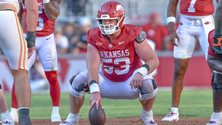 Arkansas Razorbacks center Kash Courtney during game against the Tennessee Volunteers at Razorback Stadium