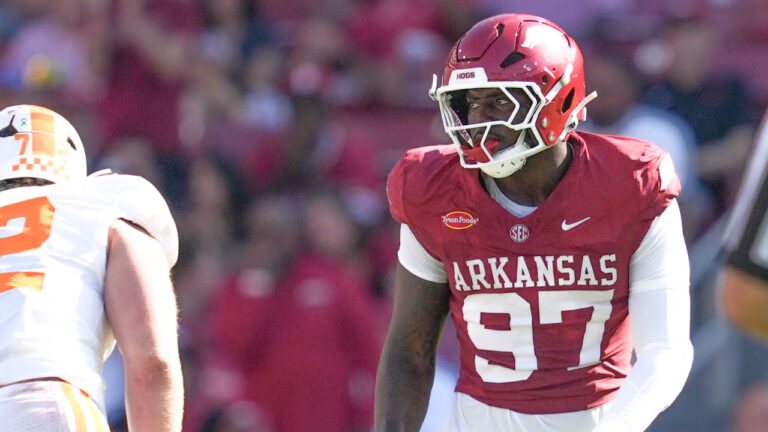 Arkansas Razorbacks defensive lineman Quincy Rhodes Jr. during game against the Tennessee Volunteers at Razorback Stadium