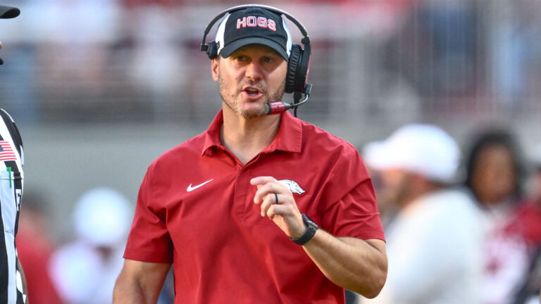 Arkansas Razorbacks coach Ryan Silverfield during game against the Tennessee Volunteers at Razorback Stadium