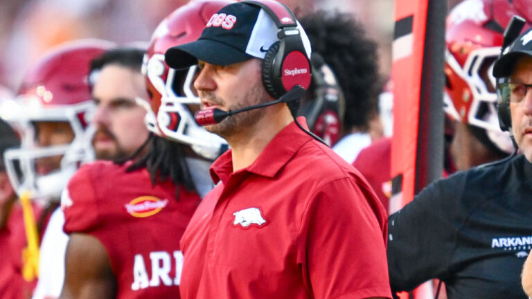 Arkansas Razorbacks coach Ryan Silverfield on the sidelines during game against the Tennessee Volunteers at Razorback Stadium