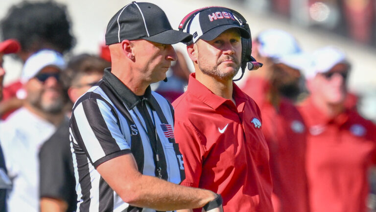 Arkansas Razorbacks coach Ryan Silverfield during game against the Tennessee Volunteers at Razorback Stadium