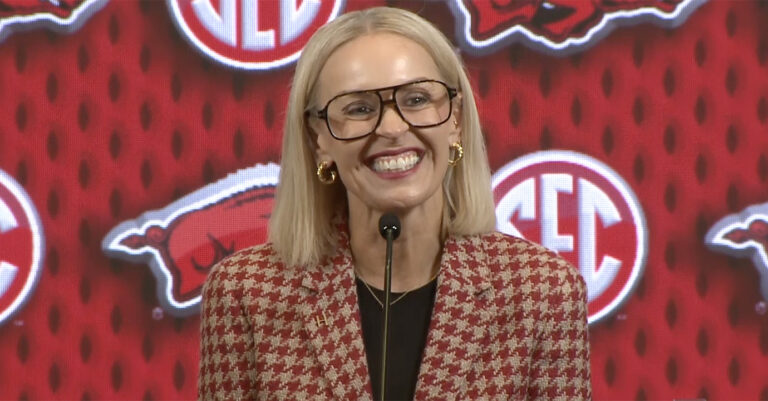 Arkansas Razorbacks women's coach Kelsi Musick on stage at SEC Media Days