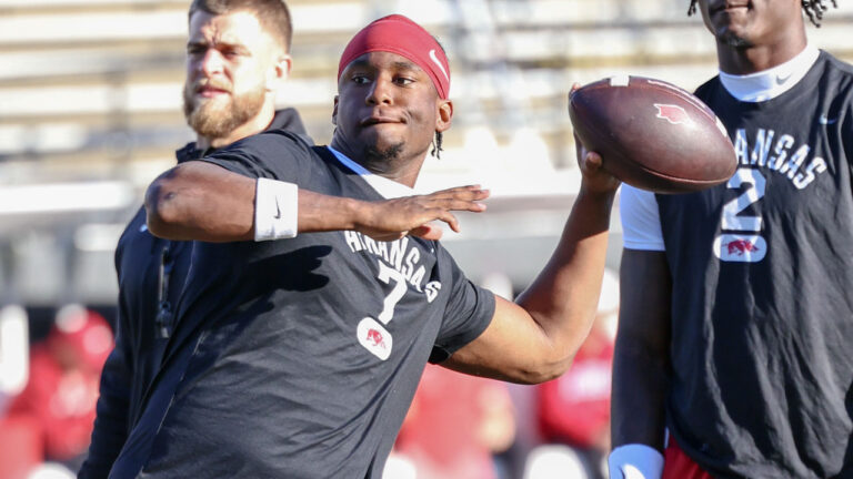 Arkansas Razorbacks quarterback KJ Jackson in pregame warmups before playing the Vanderbilt Commodores