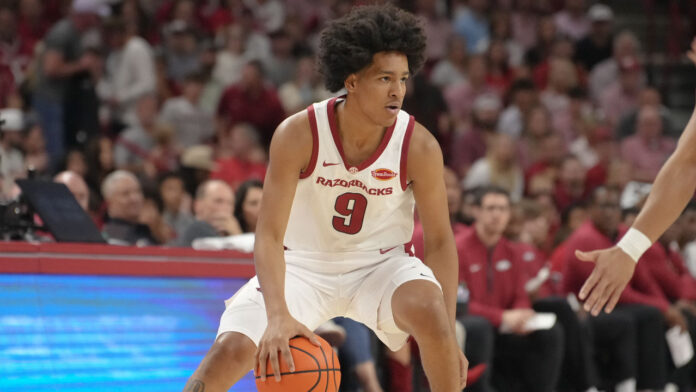 Arkansas Razorbacks Arkansas Razorbacks Davion Thompson against the Gonzaga Bulldogs in a game at Bud Walton Arena
