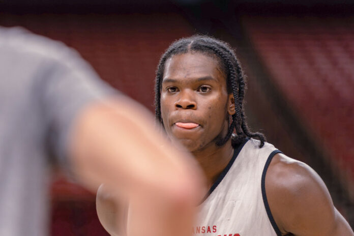 Arkansas Razorbacks guard Jordan Smith Jr. in pregame warmups before facing Gonzaga in an exhibition game at Bud Walton Arena
